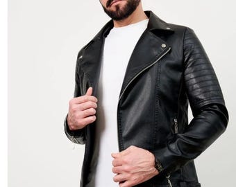 Veste motard en cuir noir faite main pour homme - Vrai cuir de mouton