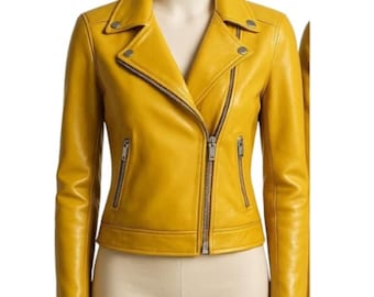 Women’s Yellow Biker Jacket  Soft Genuine Sheep Leather, Modern 2025 Style