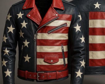 Blouson moto pour homme en cuir de mouton véritable, drapeau américain, style motard américain, style motard