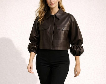 Women’s Genuine Sheep Leather Jacket  Soft Real  Cropped Jacket for Women  Brown Button Front Puff Sleeve Coat