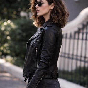 May include: A black leather jacket with silver zippers and a belted waist. The jacket has a classic biker style with a notched collar and long sleeves. The model is wearing sunglasses and dark-wash jeans.