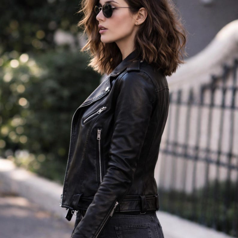 May include: A black leather jacket with silver zippers and a belted waist. The jacket has a classic biker style with a notched collar and long sleeves. The model is wearing sunglasses and dark-wash jeans.