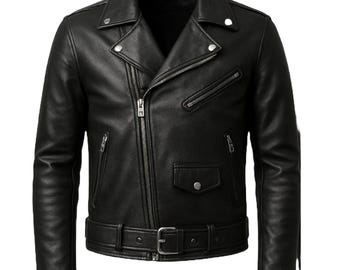 Könnte beinhalten: Schwarze Lederjacke im klassischen Biker-Stil. Sie hat einen asymmetrischen Reißverschluss, mehrere Reißverschlusstaschen, ein Druckknopf-Revers und einen Gürtel in der Taille. Die Jacke hat eine taillierte Passform und ein glattes, glänzendes Finish.