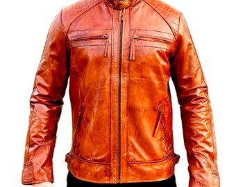 Mens Italian Vintage Brown Leather Biker Jacket - Handmade