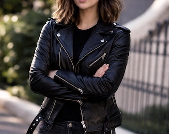 Blouson moto noir pour femme en cuir de mouton véritable fait main en peau de mouton souple
