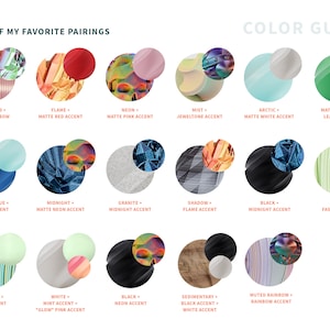 May include: A color guide with various color pairings, including "Rose Gold + Shiny Rainbow Accent" and "Medium Blue + Arctic Accent." The text "Some of My Favorite Pairings" and "Color Guide" are at the top. Each pairing is displayed with a color swatch and accent.