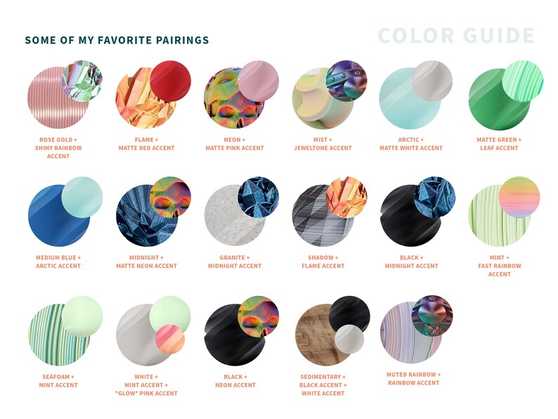 May include: A color guide with various color pairings, including "Rose Gold + Shiny Rainbow Accent" and "Medium Blue + Arctic Accent." The text "Some of My Favorite Pairings" and "Color Guide" are at the top. Each pairing is displayed with a color swatch and accent.