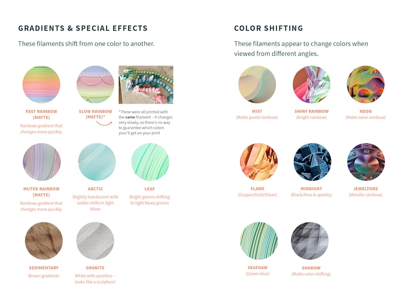 May include: A graphic showcasing various 3D printing filament effects. The image displays color gradients like Fast Rainbow and Muted Rainbow, and color-shifting options such as Mist and Shiny Rainbow. Text describes each effect.