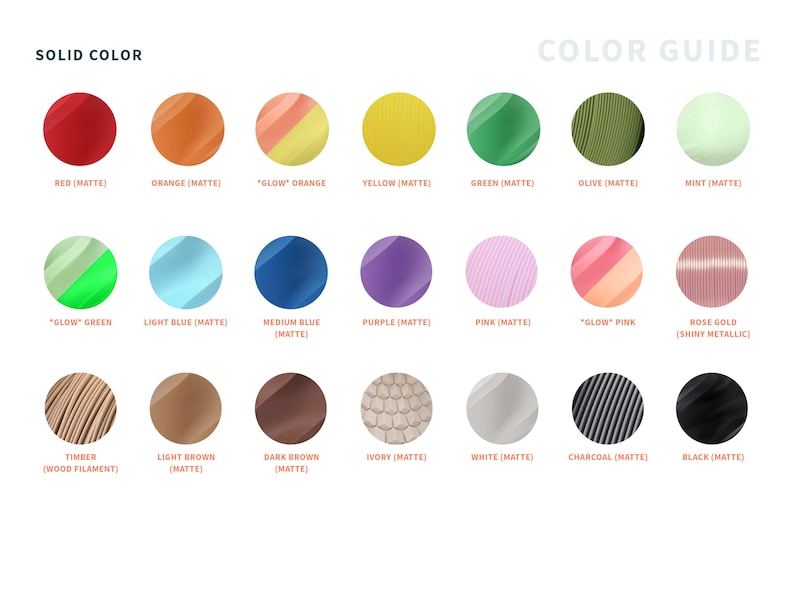 May include: Color guide with a variety of solid colors, including red, orange, yellow, green, blue, purple, pink, and black. Each color is displayed in a circular shape with its name and finish type, such as matte or metallic.