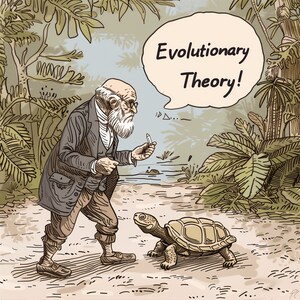 May include: An illustration of Charles Darwin with a turtle, set in a jungle environment. Darwin, in a suit, holds a pen and looks at the turtle. A speech bubble above him reads "Evolutionary Theory!"