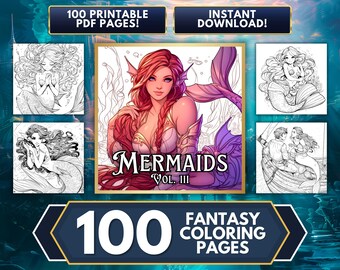 May include: A digital download of 100 printable coloring pages featuring mermaids. The cover image shows a mermaid with long red hair and a purple tail. The text "Mermaids Vol. III" is displayed on the cover.