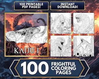 May include: A digital download of 100 printable coloring pages featuring Kaiju monsters. The cover image shows a black and white illustration of a Kaiju monster with tentacles.