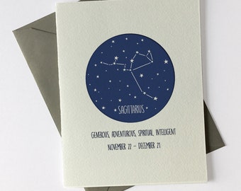 Sagittarius November 22 - December 21 // Constellation // Astrology Signs // Happy Birthday // Letterpress Card & Envelope