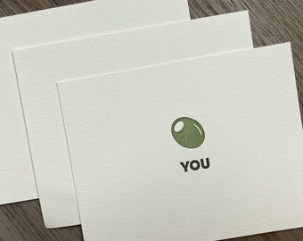 Set of 3 // Olive You // Letterpress Card & Envelope // Food Pun Card // Valentine