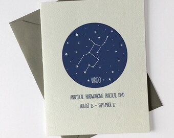 Virgo August 23 - September 22 // Constellation // Astrology Signs // Happy Birthday // Letterpress Card & Envelope