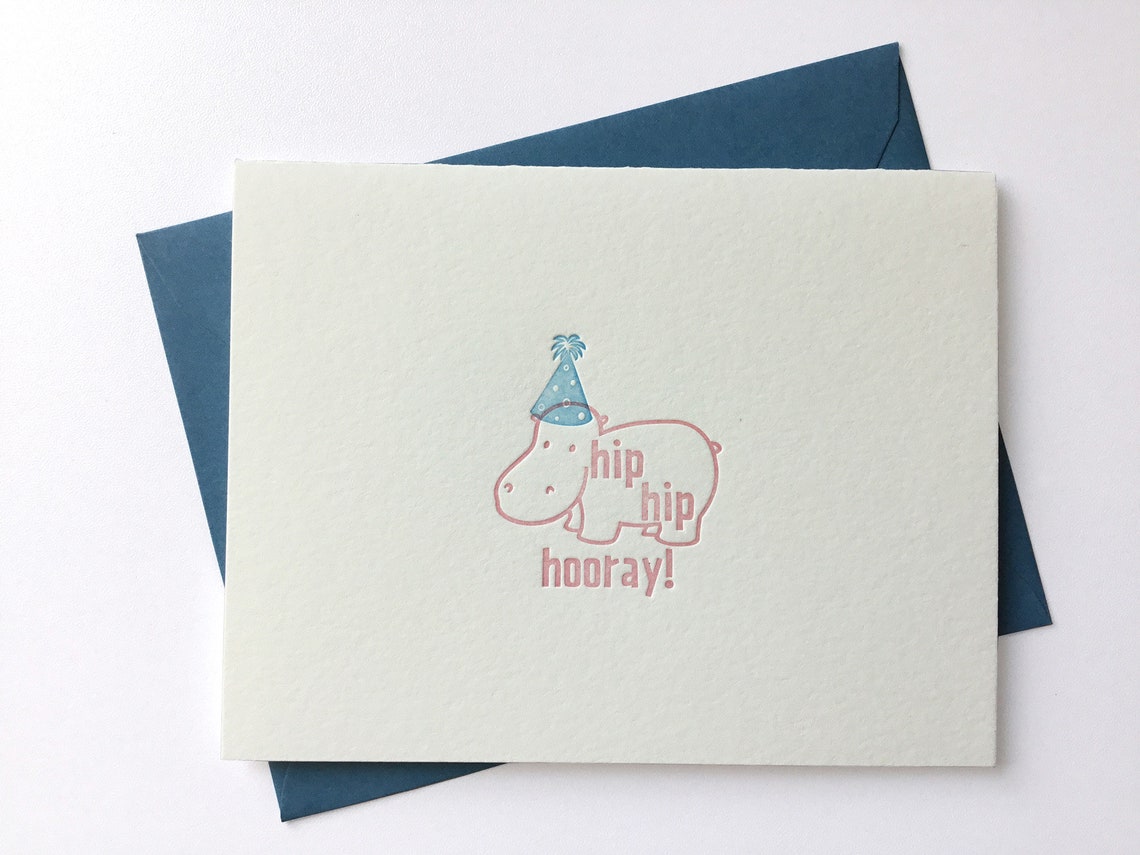 Hip Hip Hooray // Letterpress Card &amp; Envelope Hippo // Congratulations ...