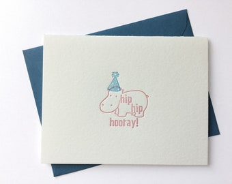 Hip Hip Hooray // Letterpress Card & Envelope Hippo // Congratulations // Announcement // Birthday