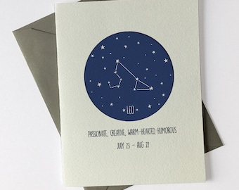 Leo July 23 - Aug 22 // Constellation // Astrology Signs // Happy Birthday // Letterpress Card & Envelope