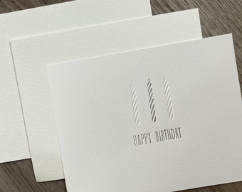 Set of 3 // Happy Birthday Candles // Gray // Letterpress Cards + Envelopes // Announcement // Celebration