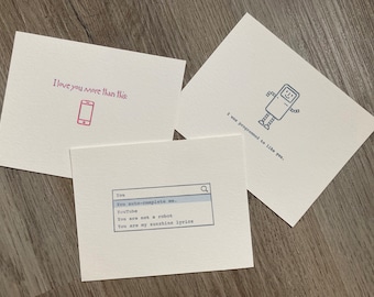 Set of 3 // Geeky Valentine Cards // Letterpress Card & Envelope // Nerdy Cards // Valentine // Funny Love // Tech