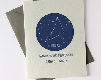 Capricorn December 22 - January 19 // Constellation // Astrology Signs // Happy Birthday // Letterpress Card & Envelope