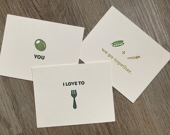 Set of 3 // Funny Valentine Cards // Letterpress Card & Envelope // Punny Food Cards // Valentine // Funny Love // Puns