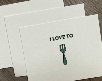 Set of 3 // I Love to Fork // Letterpress Card & Envelope // Food Pun Card // Valentine // Funny Love