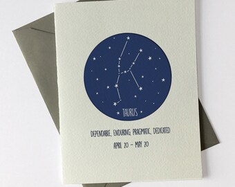 Taurus April 20 - May 20 // Constellation // Astrology Signs // Happy Birthday // Letterpress Card & Envelope