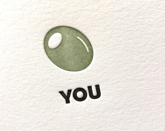 Set of 30 // Olive You // Valentine's Day // Silly // Letterpress Stationery & Envelopes // Food Pun Card // Romantic
