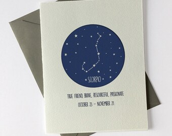 Scorpio October 23 - November 21 // Constellation // Astrology Signs // Happy Birthday // Letterpress Card & Envelope