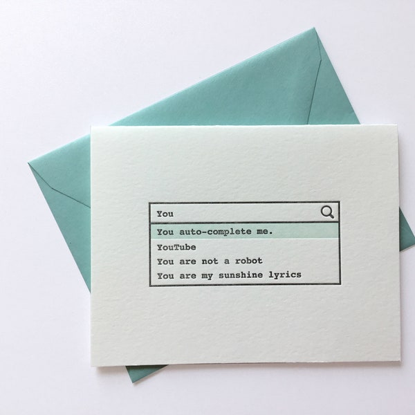 You Auto-Complete Me // Letterpress Card & Envelope // Geeky Love // Valentine // Nerd Love