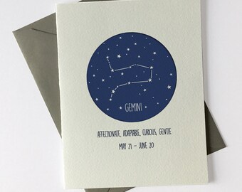 Gemini May 21 - June 20 // Constellation // Astrology Signs // Happy Birthday // Letterpress Card & Envelope