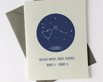 Aquarius January 20 - February 18 // Constellation // Astrology Signs // Happy Birthday // Letterpress Card & Envelope