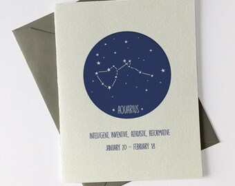 Aquarius January 20 - February 18 // Constellation // Astrology Signs // Happy Birthday // Letterpress Card & Envelope