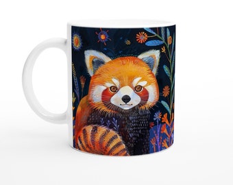 Red Panda Ceramic Mug – Cute Floral Coffee Cup, Quirky Animal Art Gift, Colorful Wildlife Tea Mug, Unique Present for Panda Lovers