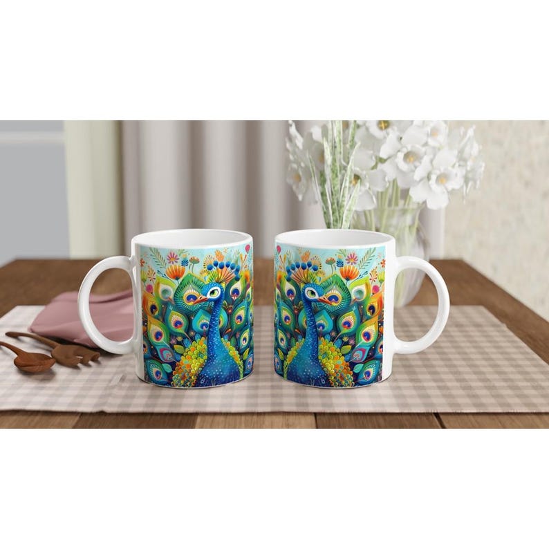Vibrant Peacock Ceramic Coffee Mug: Colorful Bird Art image 4