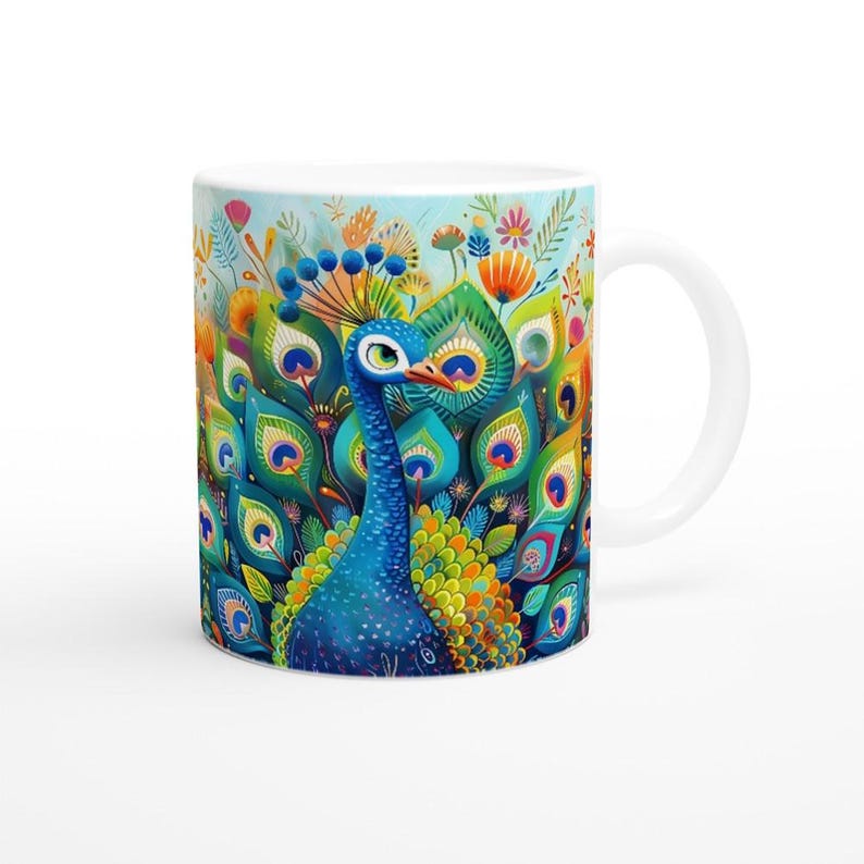 Vibrant Peacock Ceramic Coffee Mug: Colorful Bird Art image 2