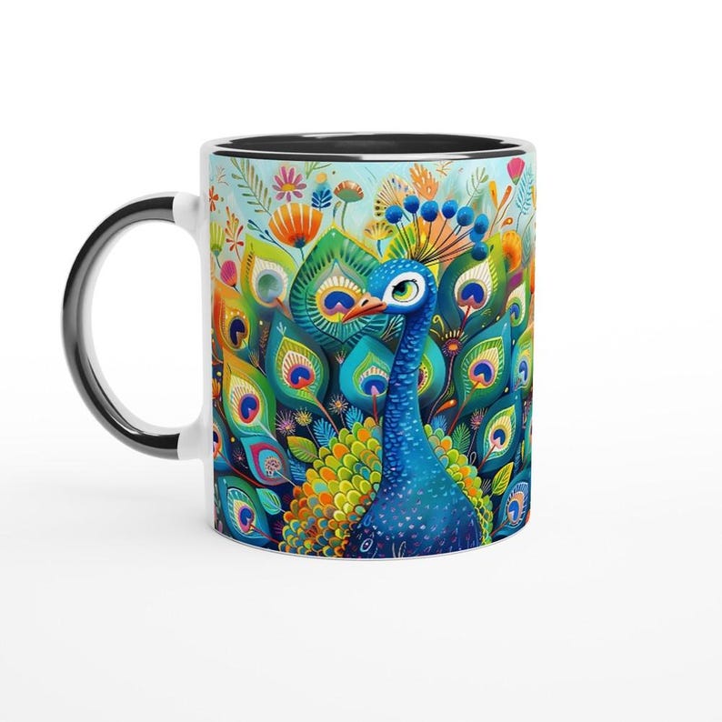 Vibrant Peacock Ceramic Coffee Mug: Colorful Bird Art White 11oz Ceramic Mug with Color Inside