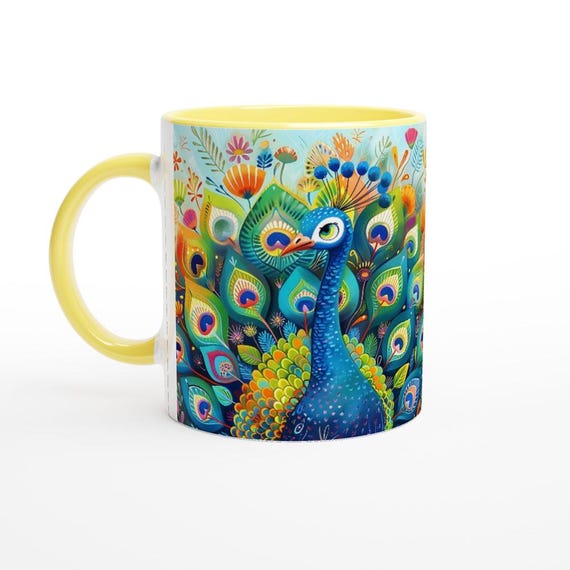 Vibrant Peacock Ceramic Coffee Mug: Colorful Bird Art