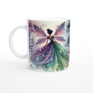 Enchanting Green and Purple Fairy Ceramic Mug – Unique Coffee Cup, Fantasy Art Gift for Her, Dishwasher & Microwave Safe