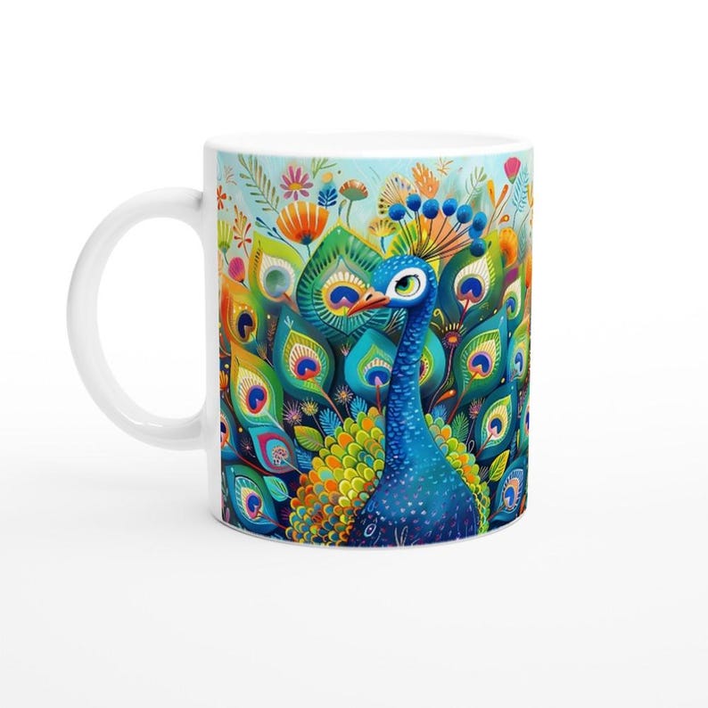 Vibrant Peacock Ceramic Coffee Mug: Colorful Bird Art White 11oz Ceramic Mug