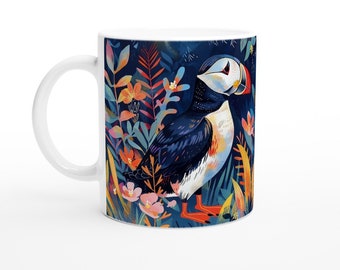 Charming Puffin Ceramic Mug – Cute Flower Art Coffee Tea Cup, Perfect Gift for Bird Lovers, Her, Quirky, Unique, Colorful, Fancy
