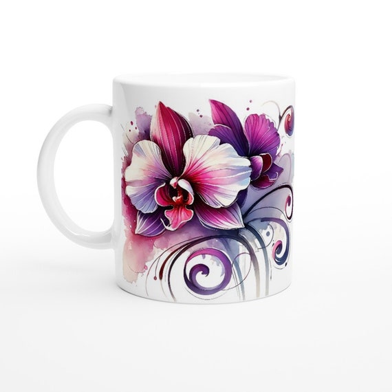 Schöne Orchidee Keramik Becher Kaffeetasse Perfektes Geschenk für sie Kaffee Tee Blumen-Liebhaber Nette Tasse schrullig Kunst Einzigartige Tasse LILA