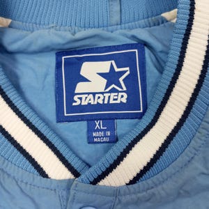 Pu&ograve; includere: Primo piano di una giacca Starter azzurra. La giacca presenta un colletto e finiture a righe bianche e blu navy. &Egrave; visibile un'etichetta blu con il logo Starter e la scritta "XL MADE IN MACAU".