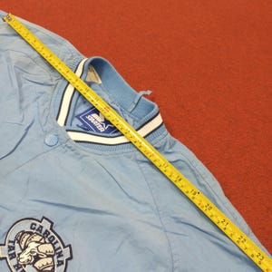 Pu&ograve; includere: Giacca Starter azzurra con una toppa con il logo Carolina Tar Heels. La giacca ha una chiusura con bottoni, un colletto a coste con strisce bianche e blu navy e una toppa con il logo Starter. Un metro a nastro mostra la lunghezza della giacca.