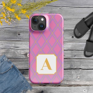 Gepersonaliseerde eerste iPhone-hoesje aangepaste monogram telefoonhoes, roze en goud ruitpatroon, elegant cadeau voor haar, stijlvolle beschermhoes
