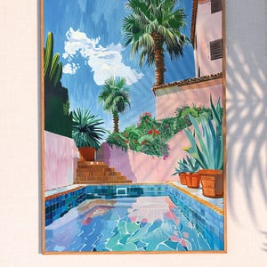 Arte stampabile a bordo piscina di Serene Oasis x2: Vibrante miscela di pop art e impressionismo per la felicità tropicale, download digitale istantaneo per l'arredamento della casa