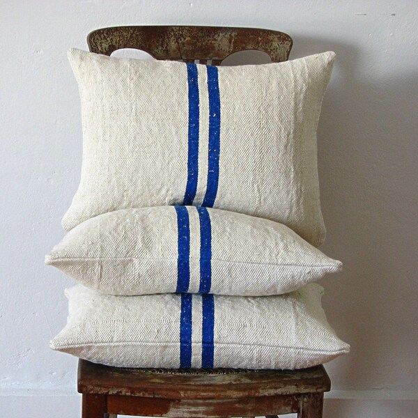 Vintage Grainsack Pillow Double Blue Stripe