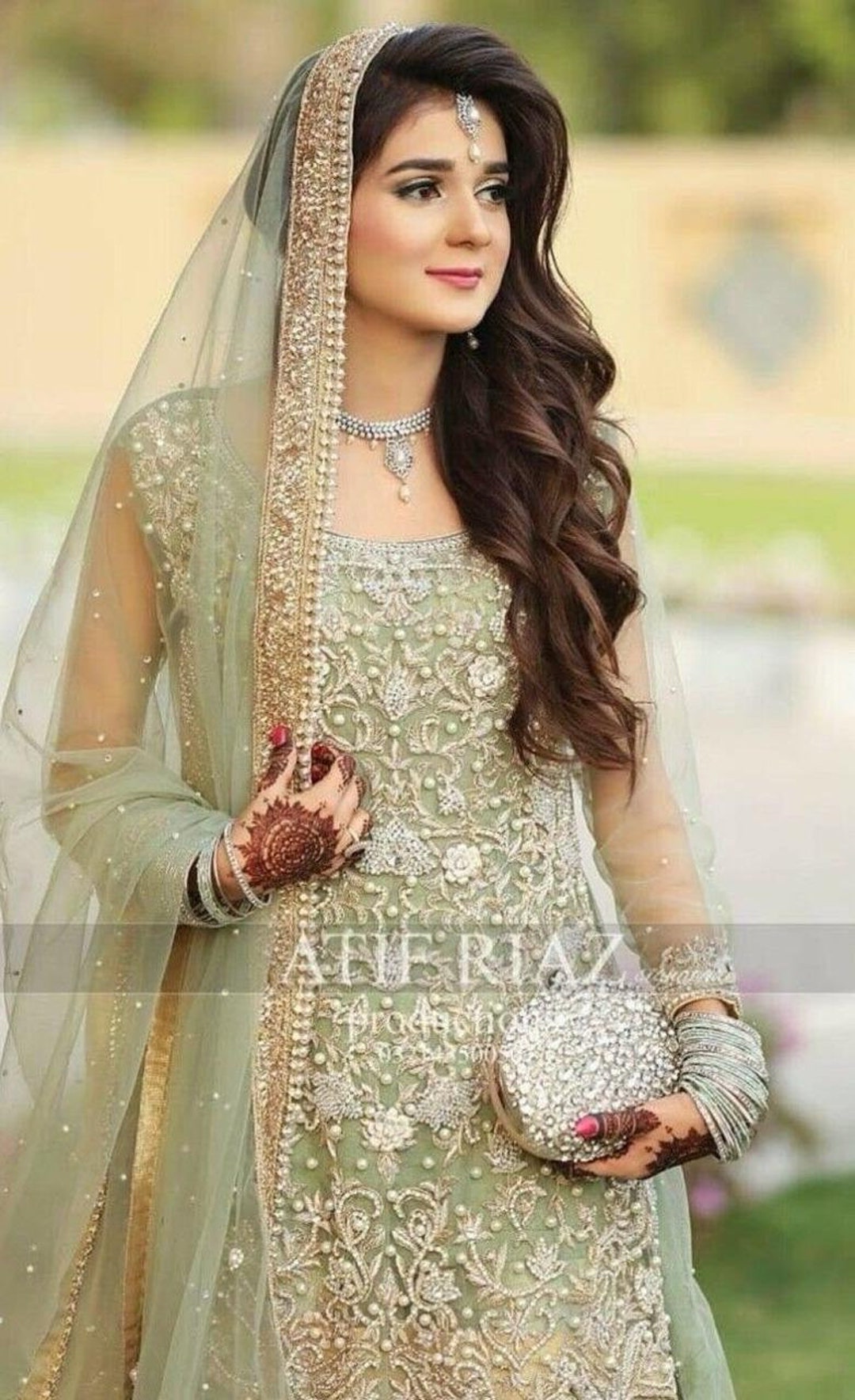 Pakistani dress Mint green with multicolour print main image 1