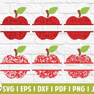 Può includere: Sei file di taglio SVG di mele rosse con un motivo floreale bianco. Le mele sono divise a metà orizzontalmente con uno spazio vuoto per il testo. Il testo "SVG | EPS | DXF | PDF | PNG | JPG" è in fondo all'immagine.